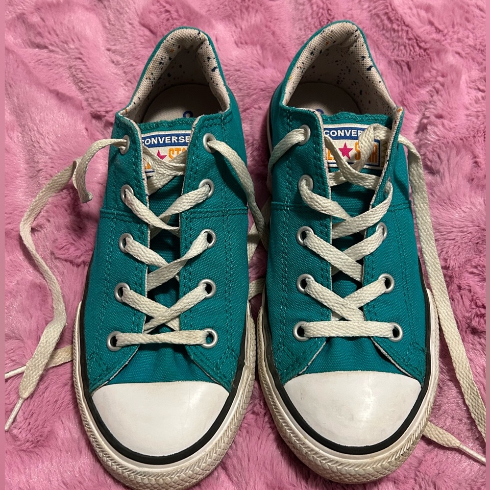 Converse - turquoise with confetti print inside and padded tongues. size youth 3